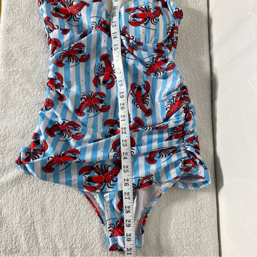 Sourpuss Blue White Striped Red Lobster Print One Piece Swimsuit Bathing Suit S - Picture 7 of 16